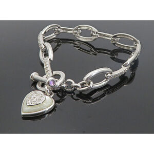 JENNA NICOLE 925 Silver Mother Of Pearl & Topaz Heart Chain Bracelet BT3485